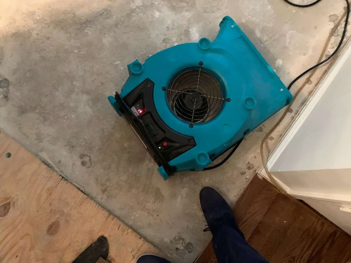 Air mover drying subfloor during Commercial Water Damage Restoration in West Allis